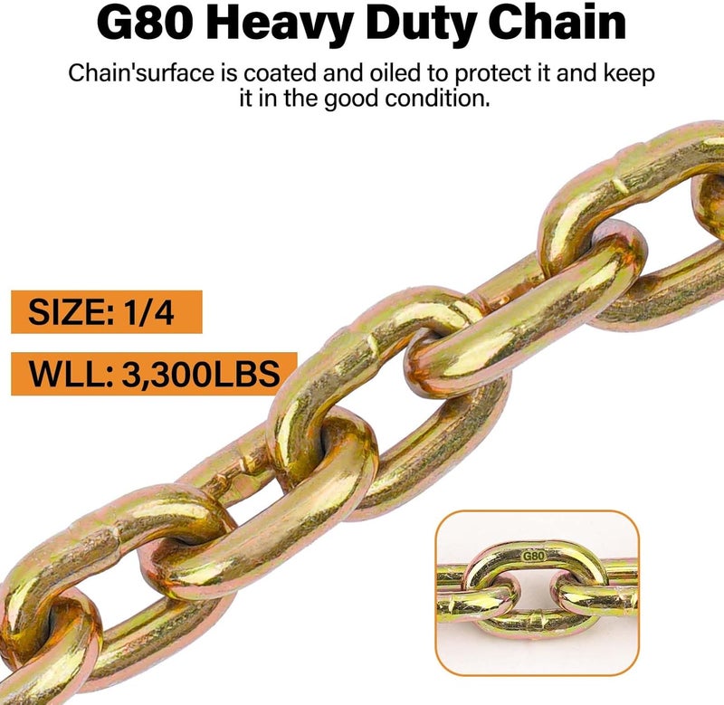 Lechansen 1/4" Tow Chain Grade 80, Transport Binder Chain 1/4 Inch × 20 FT, G80 Grab Hook Heavy Duty, 3,300 lbs Working Load Safety Logging Chains for G80 Binders Tie Down - Image 3